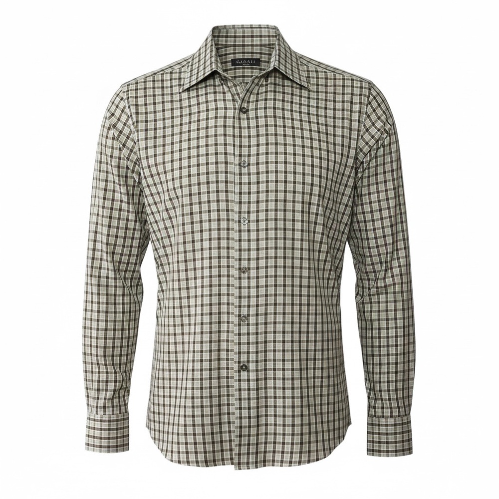 Canali- Made In Italy ,Button Down Shirt Size Large. Brown & Grey plaid- Cotton